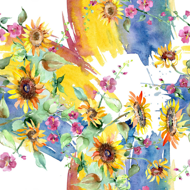 Sunflower bouquet floral botanical flowers. Watercolor background illustration set. Seamless background pattern. - Фото, изображение