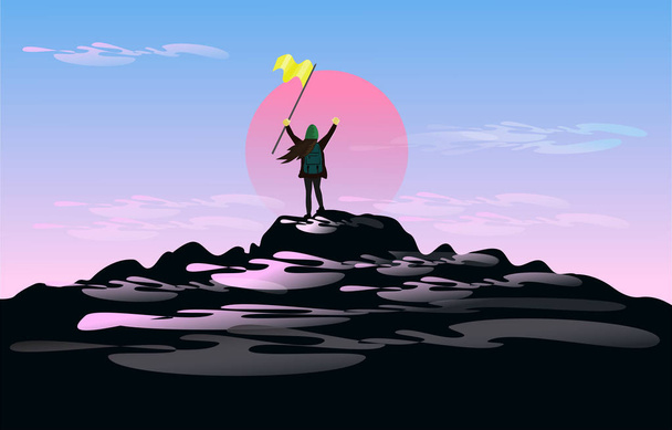 手の中の女性は、大きな喜びで彼の山頂に立って旗を持っています。夕焼けと雲を背景に - ベクター画像