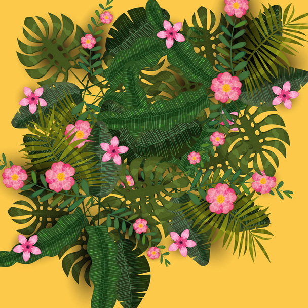 Summer exotic plants and hibiscus flowers tropical background template. Trend pattern jungle. Vector, illustration, isolated, poster, banner, flyer, invitation - Vector, Image
