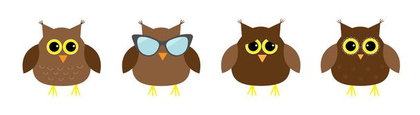 Cute owl set line. Big eyes, sunglasses. Cute cartoon kawaii funny character. Icons on white baby background. Isolated. Flat design. - Vector, Image
