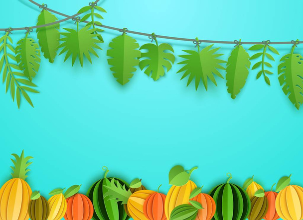 Summer tropical leaves garland and citrus fruits border in paper cut style. Craft jungle plants collection hanging on a rope on blue background. Creative vector card illustration - Vector, Image