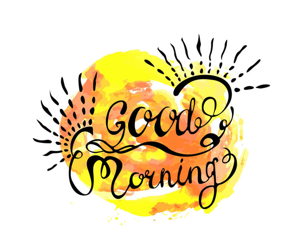 schwarze Aufschrift Guten Morgen mit Locken und Sonnenstrahlen vor dem Hintergrund leuchtender Farbkleckse - Vektor, Bild
