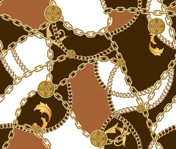 Модный бесшовный платок с золотыми цепями на коричневом, светло-коричневом и белом фоне. Фон оформления ткани с цепью
. - Фото, изображение