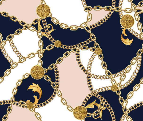 Patrón sin costura de moda con cadenas doradas sobre fondo azul oscuro, marrón claro y blanco. Fondo de diseño de tela con cadena
. - Foto, Imagen