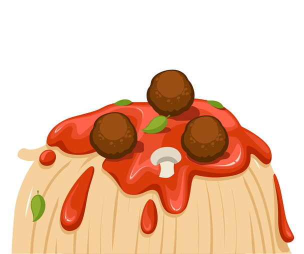 Húsgombóc, bazsalikomos levelei és gombával spagetti. Lapos vektoros illusztráció fehér háttérrel - Vektor, kép