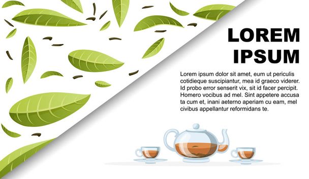 Čerstvé zelené čajové lístky a hromada suchý čaj. Průhledná Skleněná konvice a šálky černého čaje. Zelený čaj pro design, reklama a balení látek a směsí. Plochá vektorové ilustrace na bílém pozadí - Vektor, obrázek