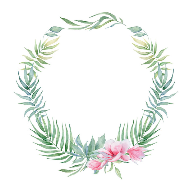 Tropical watercolor flowers and leaves. Exotic wreath isolated on white background.  - Valokuva, kuva