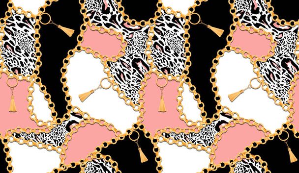 Бесшовный узор, полный цепей и разноцветного леопарда. Винтажные элементы. Коллекция женской моды для текстильной печати на черном, розовом и белом фоне
. - Фото, изображение