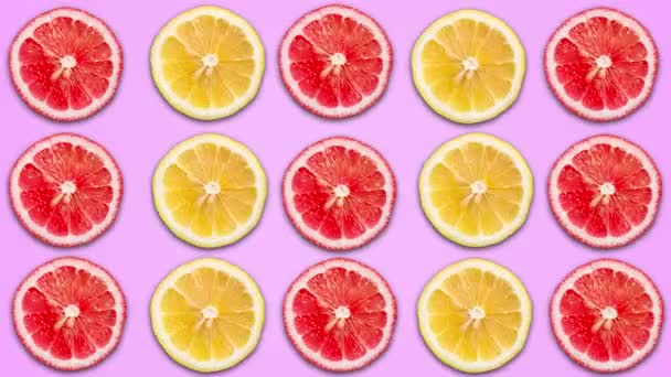 Abstraktní animace nakrájené citrony a grapefruitu na fialových pastelových pozadí. - Záběry, video