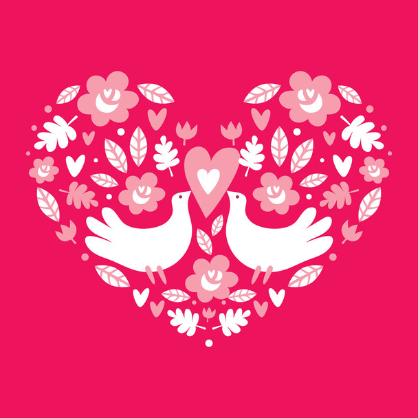 Hearts, pigeons and flowers. Greeting card. Happy Valentine's Day! - Vector, afbeelding