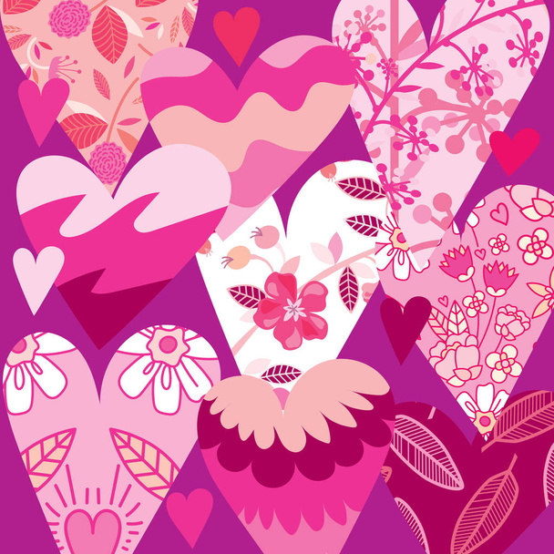 Grußkarte zum Valentinstag. abstrakter Hintergrund von Herzen mit Mustern auf fliederfarbenem Hintergrund. - Vektor, Bild