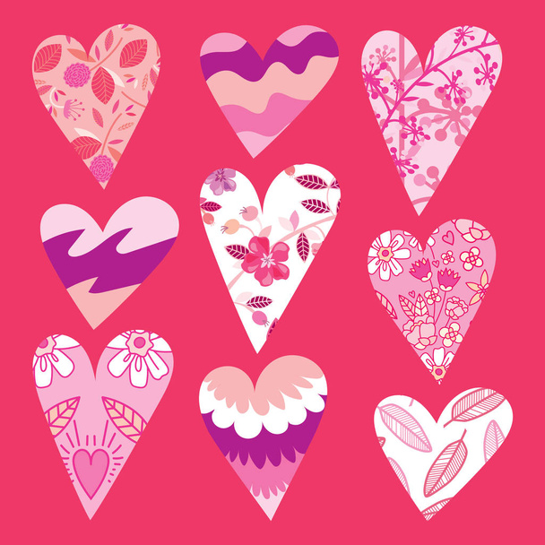 Greeting card for St. Valentine's Day. Set of hearts with patterns on a pink background. - Vektori, kuva