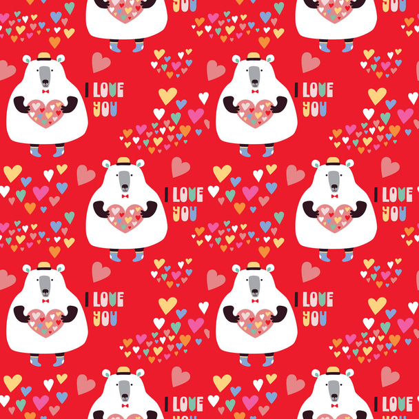 Seamless pattern. Bear and heart. Greeting card for St. Valentine's Day. Red background. - Vektor, Bild