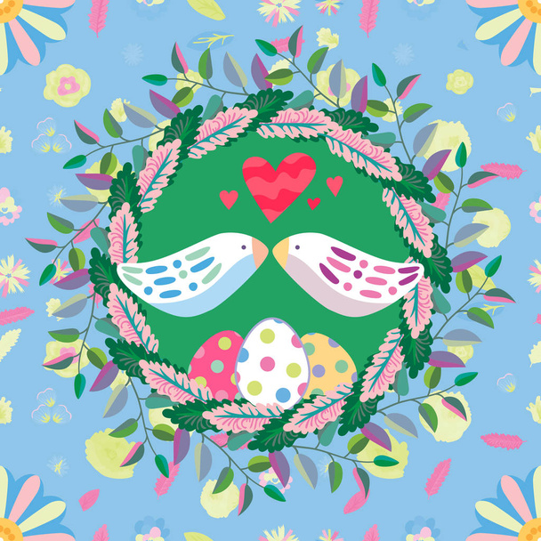 Easter greeting card. Enamored birds in the nest. Seamless pattern of flowers and leaves. Multicolored easter eggs. - ベクター画像