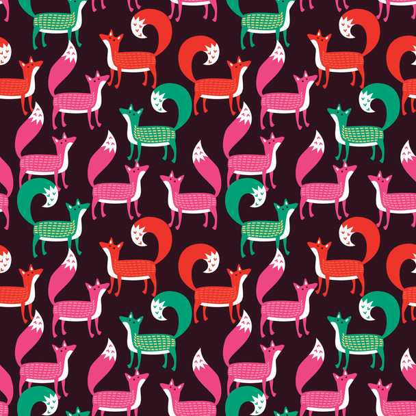 Seamless pattern. Pink, orange and green foxes on a dark brown background. - Vector, imagen