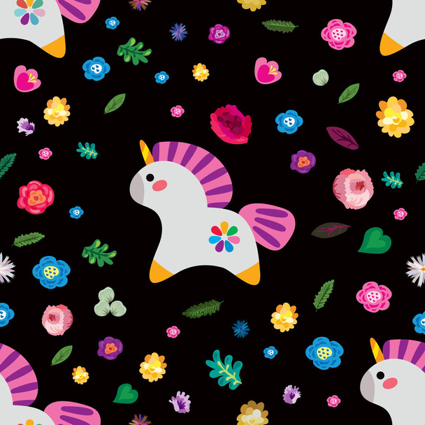 Seamless pattern. Lovely little unicorns are galloping along the flower field. Summer fairy tale illustration. - Vector, Imagen