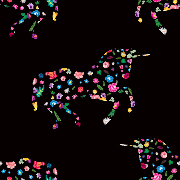 Summer seamless pattern. The silhouette of the unicorn is made of flowers. Magic flower garden. - Vecteur, image