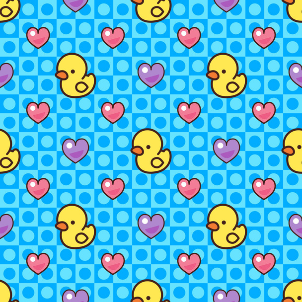 Seamless pattern. Yellow rubber ducks and hearts. Kawaii style. - Vektori, kuva