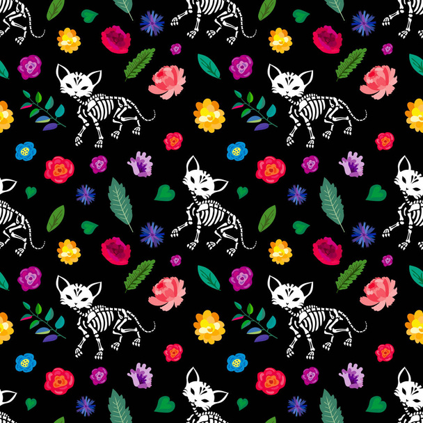 Seamless pattern. Skeletons of cats are walking in the flower garden. Can be used for t-short print, poster or card. Ideal for Halloween, the Day of the Dead and more. - Vector, imagen