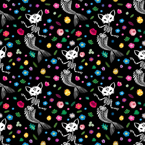 Seamless pattern. Purrmaids and flowers. Purrmaid is a cat with a tail of a mermaid. Can be used for t-short print, poster or card. Ideal for Halloween, the Day of the Dead and more. - Vektor, kép