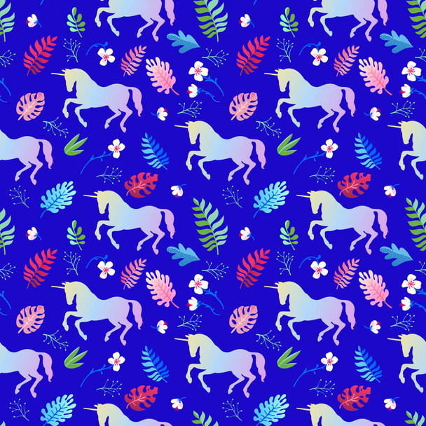 Seamless pattern. Rainbow unicorns in the night rainforest. Exotic plants, flowers and leaves. - ベクター画像