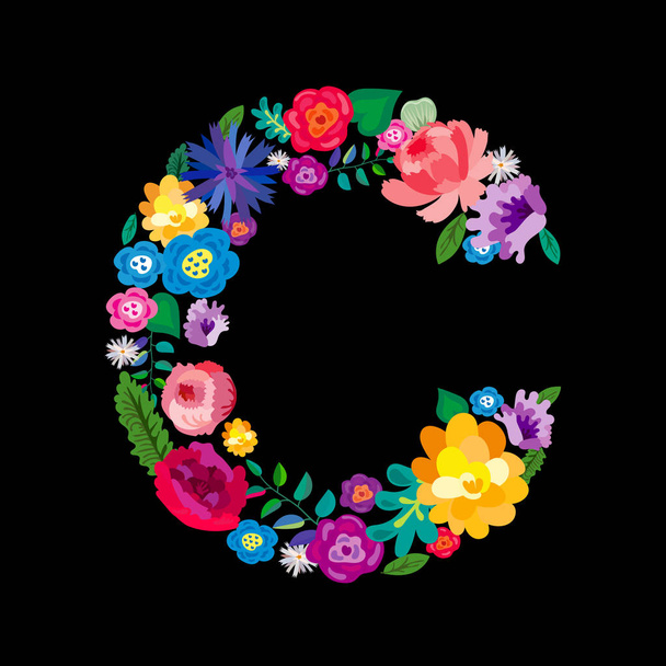 The letter "C" made of flowers on a black background. The letter of the English alphabet. Bright floral print. Great for T-shirts, cards and more. - Vector, imagen