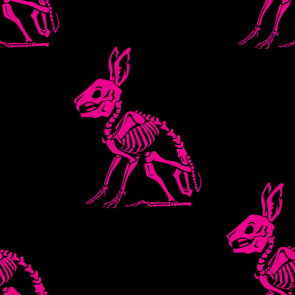 Seamless pattern. Pink skeletons of rabbits on a black background. Anatomy of a hare. Great for printing on T-shirts, for tattoos and more. Ideal for decoration of Halloween and the Day of the Dead. - Vektor, obrázek