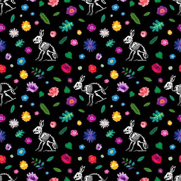 Seamless pattern. Skeletons of rabbits in a flower garden. Skulls, bones and flowers. Great for printing on T-shirts, for tattoos and more. Ideal for decoration of Halloween and the Day of the Dead. - Vector, afbeelding