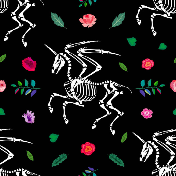 Seamless pattern. Skeleton of a pegasus unicorn among flowers. Pegasus with horn. Legendary animals. Great for printing on T-shirts, for tattoos and more. Ideal for decoration of Halloween and the day of the dead. - Vektor, kép