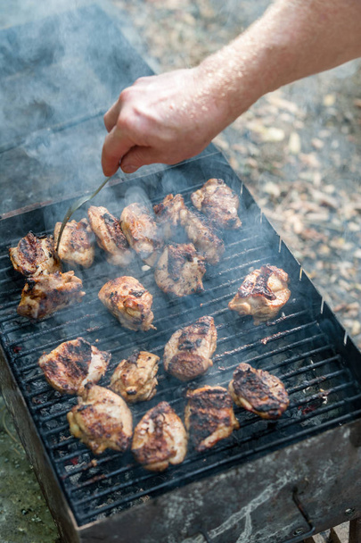 Chicken kebab prepared in a rusty brazier. In the background smoke. - Photo, Image