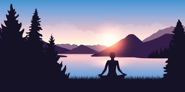 person mediating by the river in the forest at sunrise - Vector, Image