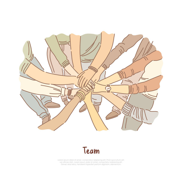 Ruční zásobník, oddělení pro spojování týmů, spolupráce komunity, jednota skupiny, rozmanitost, nápis týmových prací - Vektor, obrázek