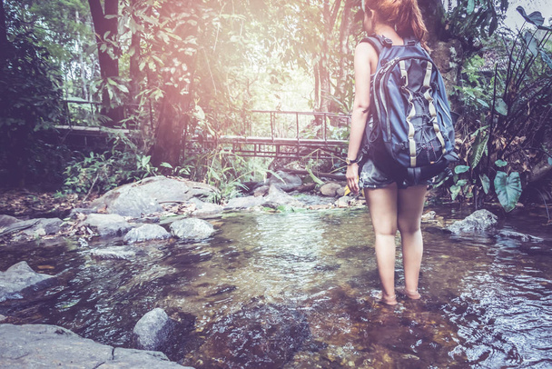 жінка мандрівниця подорожує природою Ліси, відпочиньте грати у водоспад
 - Фото, зображення