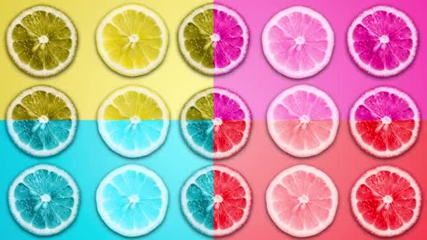 Absztrakt színes animáció a szeletelt citrom és grapefruit a különböző pasztell vissza - Felvétel, videó