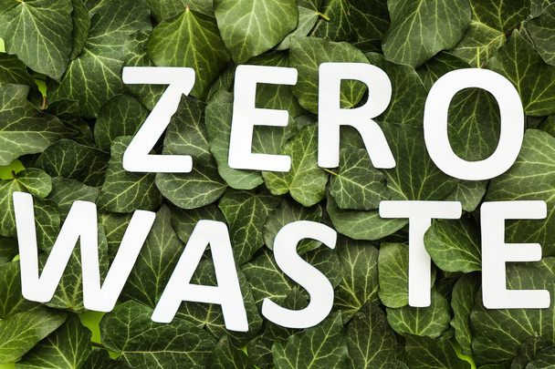 Text ZERO WASTE on green leaves - Foto, imagen