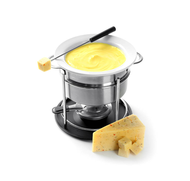 Fondue pot with melted cheese on white background - Photo, Image