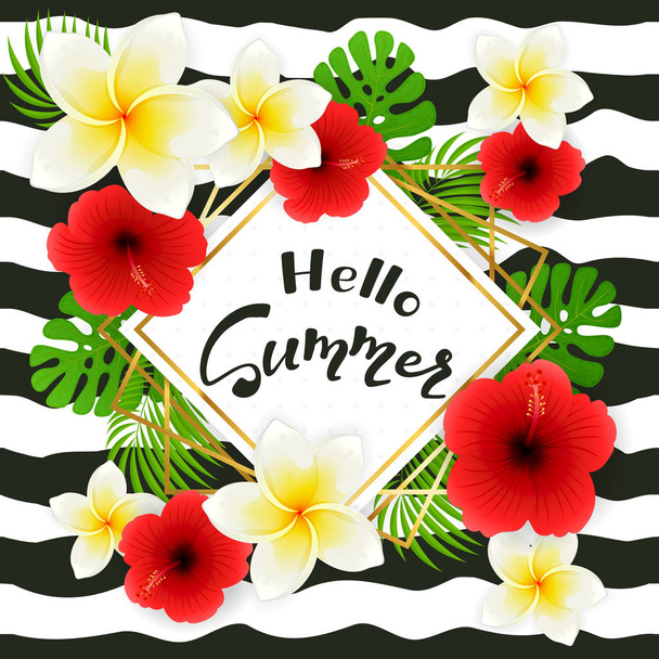 Hello Summer on Card with Flower Frangipani and Hibiscus - Vector, Image
