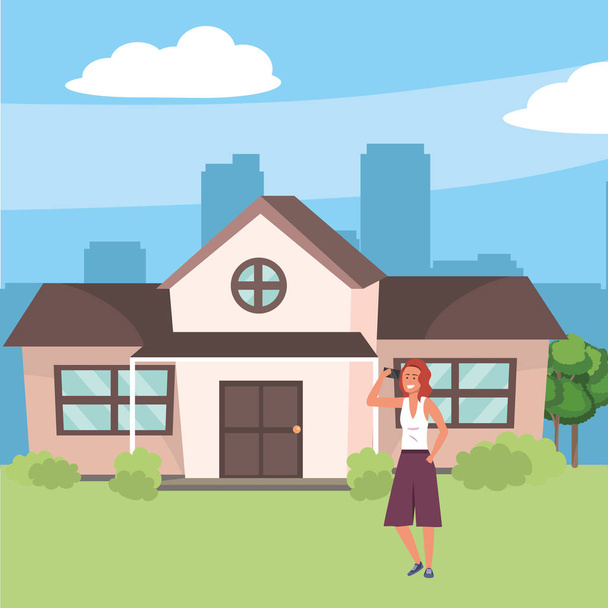 Millenial in house front porch background - Vector, Image