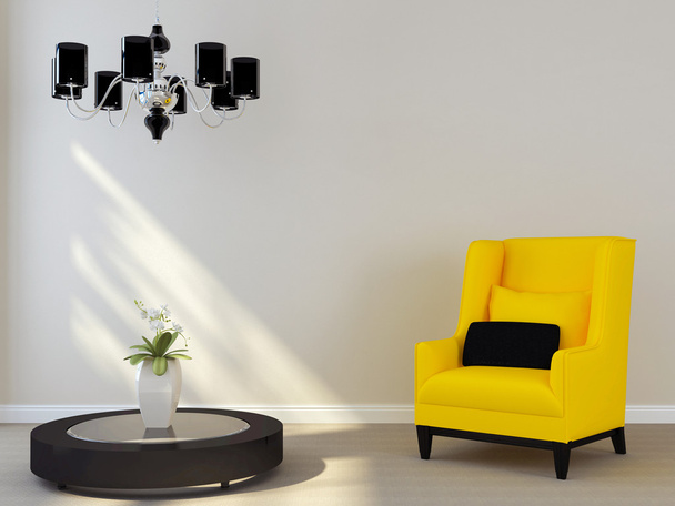 ブラック シャンデリアと黄色の椅子 - 写真・画像