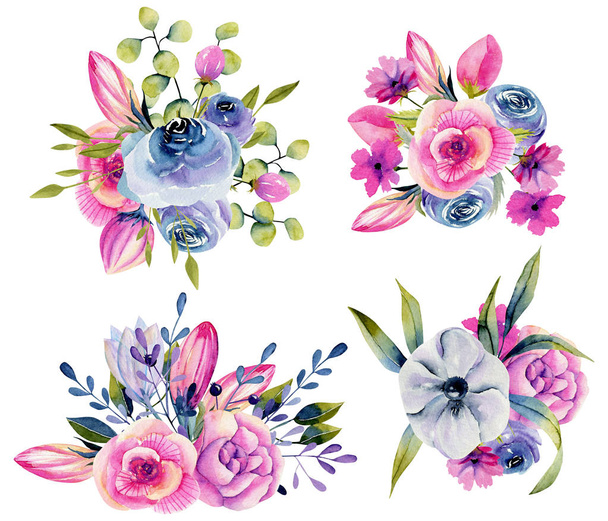 Collectie van geïsoleerde aquarel boeketten van anemonen, rozen en pioenrozen, hand geschilderde illustratie op een witte achtergrond - Foto, afbeelding