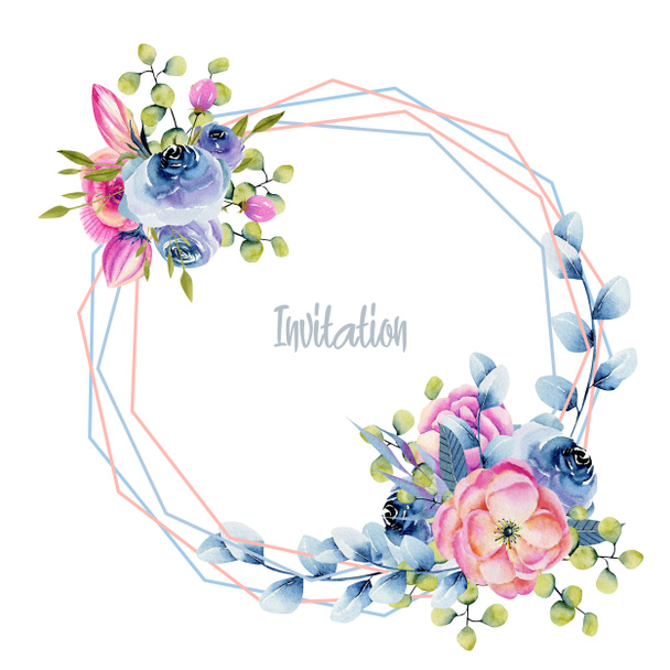 Cadre rond géométrique élégant bordure avec des roses et pivoines aquarelle, peint à la main sur un fond blanc, design de carte d'invitation
 - Photo, image