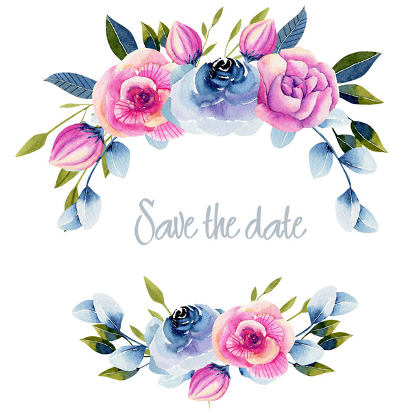 Венок из акварельных роз и пионов, зеленые и синие растения, ручная роспись на белом фоне, Сохранить дизайн карты даты
 - Фото, изображение