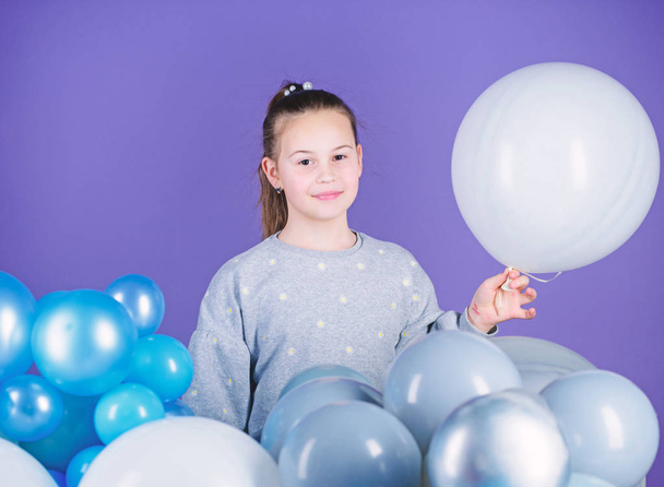 All those balloons for me. Happiness positive emotions. Obsessed with air balloons. Having fun. Balloons theme party. Girl play with air balloons. Birthday party. Childrens day. Carefree childhood - Foto, Bild