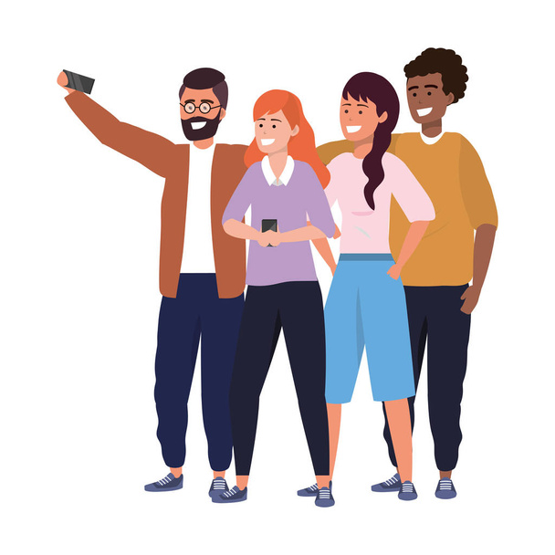 Millennial diverse group taking selfie - Vector, Image