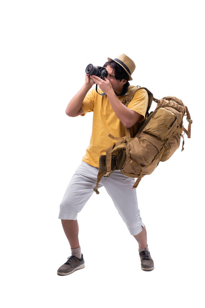 Fiatal jóképű turista elszigetelt fehér  - Fotó, kép