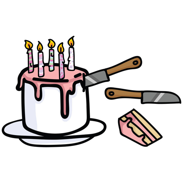 Carino taglio torta di compleanno con candele e fetta di cartone animato vettore illustrazione motivo set
. - Vettoriali, immagini