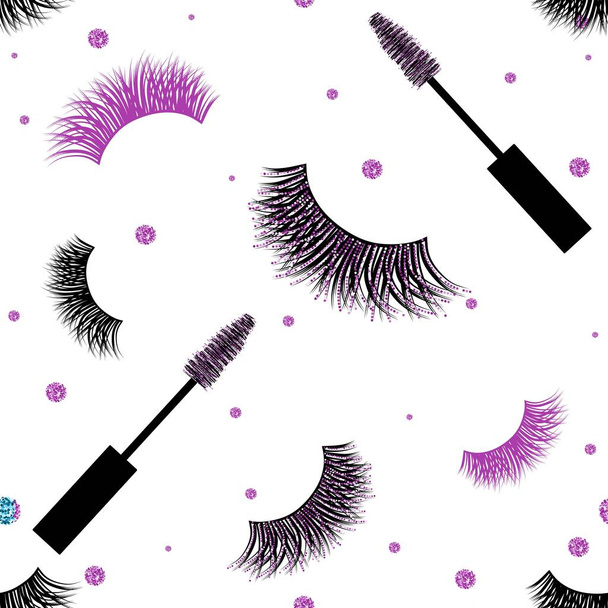 Seamless Vector Pattern with Lashes and Mascara with glitter effect - Vector, Image