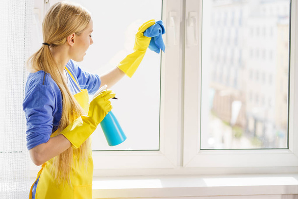 Woman cleaning window at home - Foto, Imagen