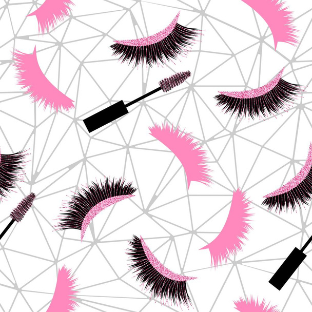 Naadloos vector patroon met wimpers en mascara met glitter effect - Vector, afbeelding