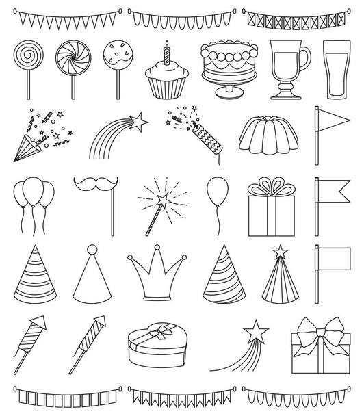 35 line art black and white party elements set - Vector, Image